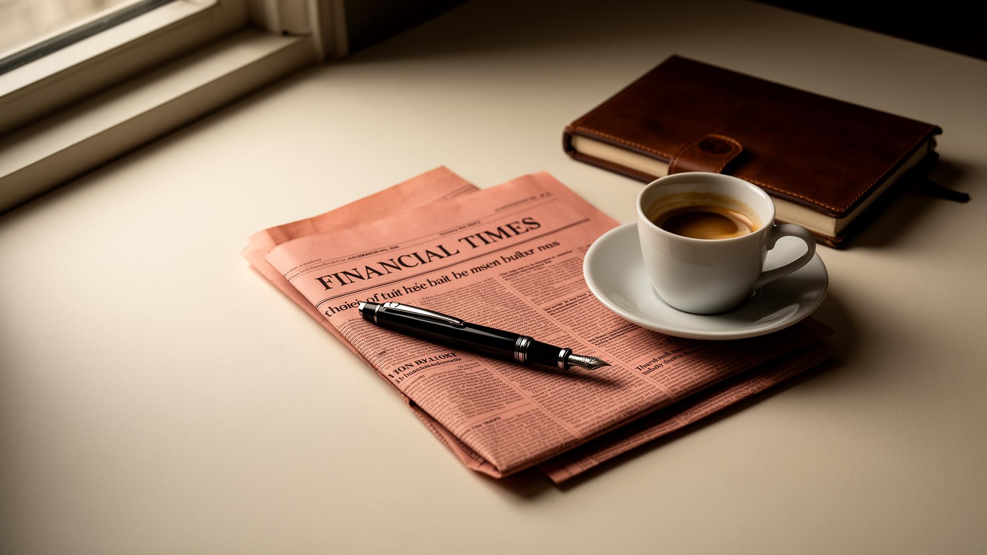 A fountain pen on a Financial Times newspaper beside an espresso and leather notebook